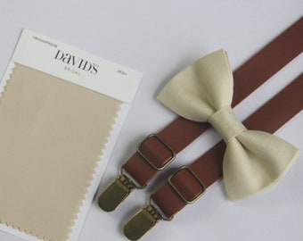 NBCHAMPAGEN champagne  linen bow tie  brown suspenders match DAVID'S BRIDAL for boys men  ring bearers  groomsman