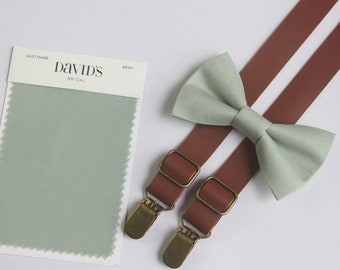 Dusty sage green  linen bow tie  brown suspenders match DAVID'S BRIDAL for boys men  ring bearers  groomsman