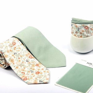 Dusty sage green linen tie, pink and sage green floral Groom Tie, Tie For Wedding  Groomsmen ties , Pocket Square With Tie  sage