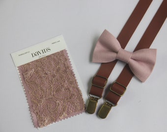 Rose GLDMTLC linen bow tie  brown suspenders match DAVID'S BRIDAL for boys men  ring bearers  groomsman