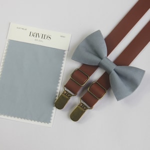 Dusty blue linen bow tie  brown suspenders match DAVID'S BRIDAL for boys men  ring bearers  groomsman