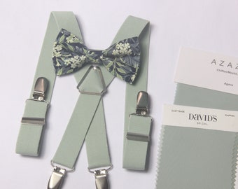 Dusty sage green bow tie & suspenders for kids baby Floral bow tie for boys men ring bearers groomsman Wedding outfit Boy's Ring Bearer gift