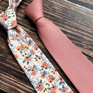 Desert coral and dusty blue flora ties for men,  men&#39;s linen tie, Groom Tie  match DAVID&#39;S BRIDAL, Tie For Wedding Necktie For Groomsmen