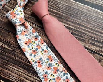 Desert coral and dusty blue flora ties for men,  men's linen tie, Groom Tie  match DAVID'S BRIDAL, Tie For Wedding Necktie For Groomsmen