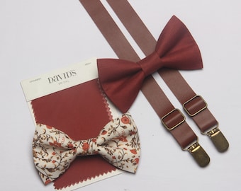 CINNAMON  linen bow tie  brown suspenders match DAVID'S BRIDAL for boys men  ring bearers  groomsman