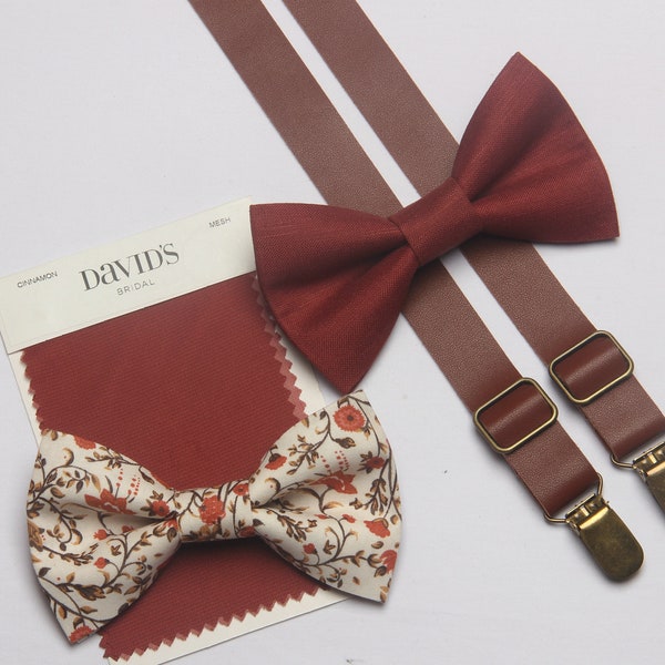 CINNAMON  linen bow tie  brown suspenders match DAVID'S BRIDAL for boys men  ring bearers  groomsman