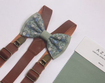 Nœud papillon à fleurs Matcha, bretelles en cuir marron pour homme, garçon en bas âge, homme, porteur de l'alliance, garçon d'honneur, tenue de mariage, cadeau pour garçon