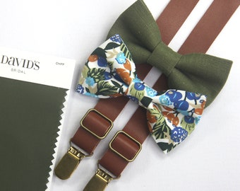 Mrtiniolive olive  green floral  bow tie  brown suspenders match DAVID'S BRIDAL for boys men  ring bearers  groomsman  bow tie linen bow tie