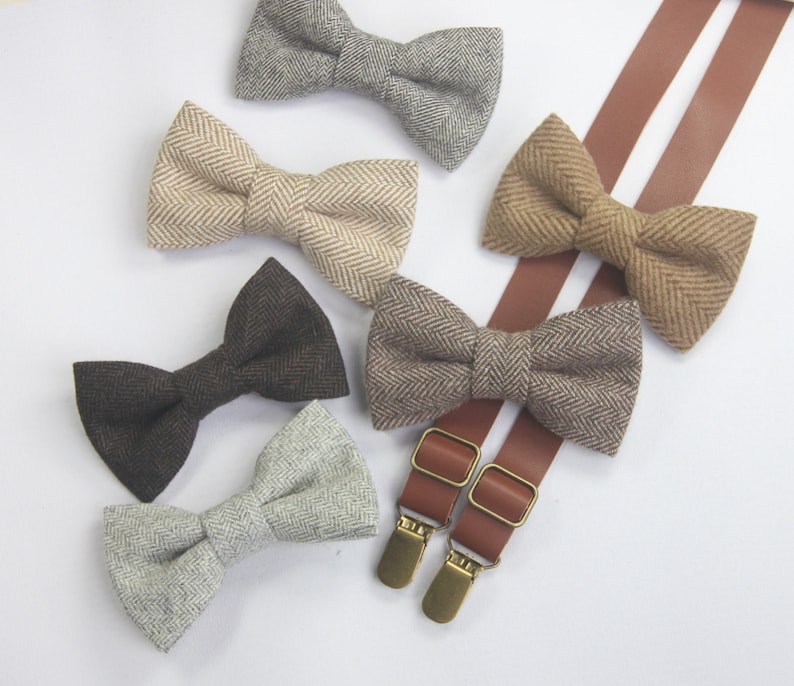 Black grey herringbone wool bowties,BOWTIE SUSPENDER SET,grey suspenders,infant bowties,toddler bowtie,boy bowtie,men bowties,wedding bowtie zdjęcie 6