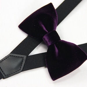 Suspender Bowtie set purple  velvet bow tie black Suspender baby Bowties Toddler bowties suspenders,Mens bowtie Wedding groomsman bowtie
