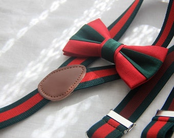 Bow tie suspenders boys men Christmas green red bow ties  stripe suspenders  bow tie brace toddlers,mens bowties,wedding groomsmen bow tie