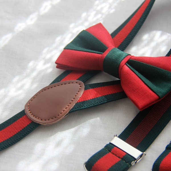 Bow tie suspenders boys men Christmas green red bow ties  stripe suspenders  bow tie brace toddlers,mens bowties,wedding groomsmen bow tie