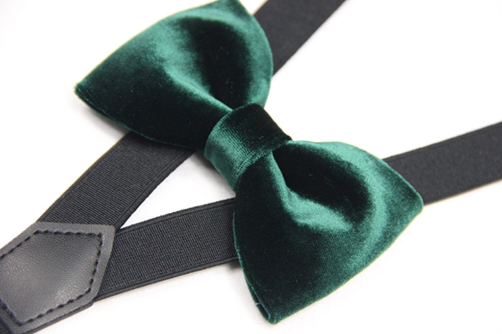 Suspender Bowtie set dark green velvet bow tie black Suspender Etsy