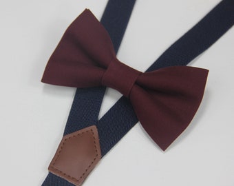 Burgundy Wine Red  Bow tie for boys men Navy Blue Adjustable Elastic Suspenders Braces for Kids Page Boy Toddler Youth Teenage adult