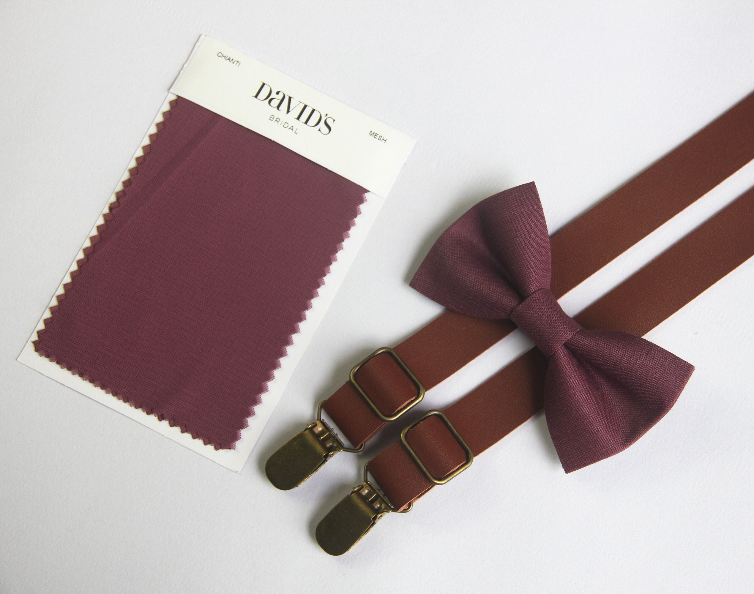 Chianti linen bow tie brown suspenders match DAVID'S BRIDAL for boys men ring bearers groomsman