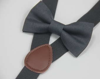 Bow tie suspenders boys men Charcoal dark gray bow ties Charcoal suspenders  bow tie brace toddlers,mens bowties,wedding groomsmen bow tie