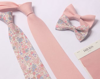 Ballet floral ties for men, rose pink men&#39;s linen tie, light blue pink Groom Tie, Tie For Wedding Necktie For Groomsmen match DAVID&#39;S BRIDAL