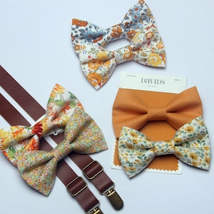 Marigold gold yellow  floral  man bow tie  brown suspenders match DAVID'S BRIDAL for boys men  ring bearers  groomsman sunflowers