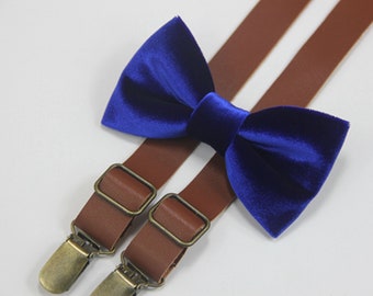 Bow tie suspenders boys men Royal blue velvet bow ties brown leather suspenders bowtie brace toddlers,mens bowties,wedding groomsmen