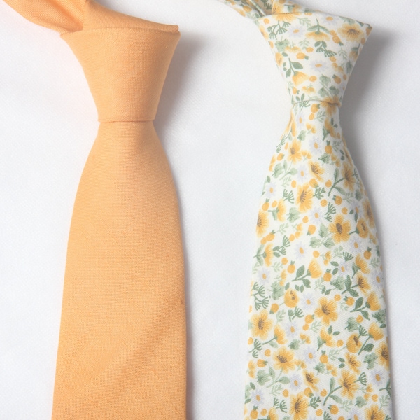 Marigold flora ties for men, gold yellow  men's linen tie, sunflower Groom Tie  match DAVID'S BRIDAL, Tie For Wedding Necktie For Groomsmen