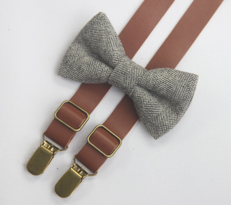 Black grey herringbone wool bowties,BOWTIE SUSPENDER SET,grey suspenders,infant bowties,toddler bowtie,boy bowtie,men bowties,wedding bowtie zdjęcie 8