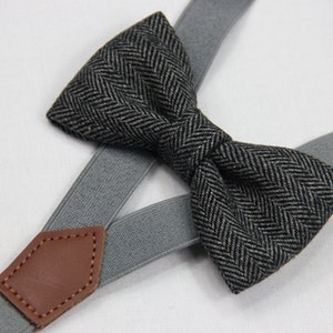 Black grey herringbone wool bowties,BOWTIE SUSPENDER SET,grey suspenders,infant bowties,toddler bowtie,boy bowtie,men bowties,wedding bowtie zdjęcie 2