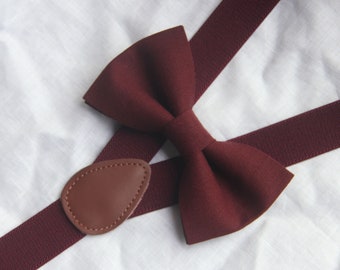 Burgundy  Linen Bow tie burgundy  Adjustable Elastic Suspenders Braces for Kids Page Boy Toddler Youth Teenage adult