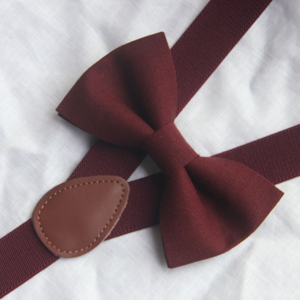 Burgundy  Linen Bow tie burgundy  Adjustable Elastic Suspenders Braces for Kids Page Boy Toddler Youth Teenage adult