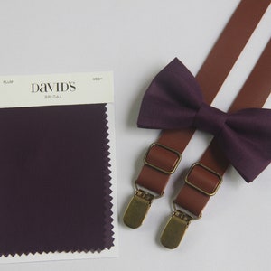 Plum dark purple linen bow tie  brown suspenders match DAVID&#39;S BRIDAL for boys men  ring bearers  groomsman