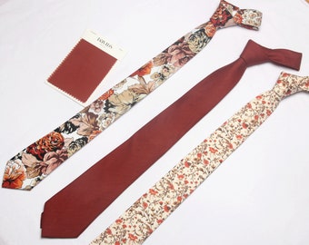 CINNAMON Floral men tie, linen neck tie, wedding  floral Groom Tie, Flower tie, match David's bride Wedding tie, Men's  tie, Groomsmen tie