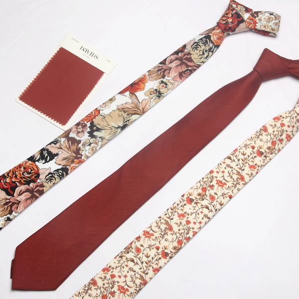 CINNAMON Floral men tie, linen neck tie, wedding  floral Groom Tie, Flower tie, match David's bride Wedding tie, Men's  tie, Groomsmen tie