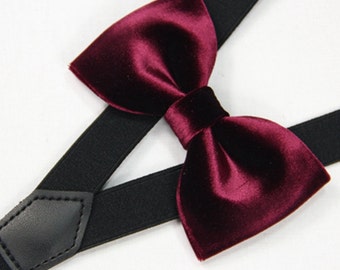 Suspender Bowtie set wine red velvet bow tie black Suspender baby Bowties Toddler bowties suspenders,Mens bowtie Wedding groomsman bowtie