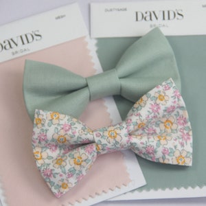 Dusty sage green Petal  floral  bow tie  brown suspenders match DAVID'S BRIDAL for boys men  ring bearers  groomsman light pink