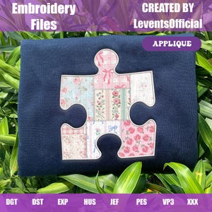 Diseño de bordado de pieza de rompecabezas del autismo, archivo de bordado de aplique de patchwork, diseño de concienciación sobre el autismo, bordado a máquina de neurodiversidad