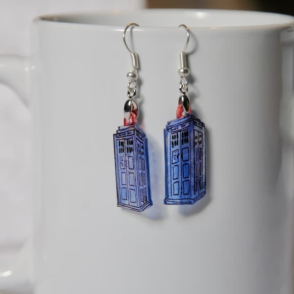 Dr Who Tardis earrings/cufflinks/magnet/key ring, 100% recycled plastic, shrinky dink® style