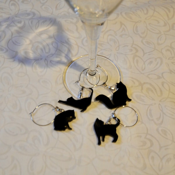 silhouette cat wine charms, set of 4, 100% recycled plastic, shrinky dink® style