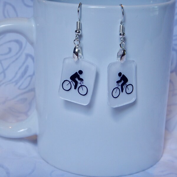 bicyclist earrings/cufflinks/magnet/key ring, 100% recycled plastic, shrinky dink® style