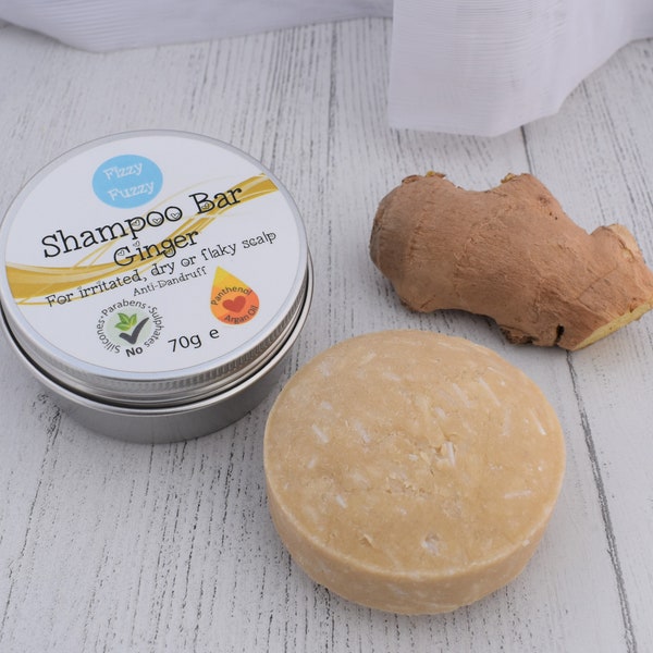 Anti-dandruff Shampoo Bar. Ginger. For irritated, dry, flaky scalp. Sulphate free. Vegan. By Fizzy Fuzzy