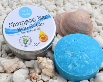 Solid Shampoo Bar in tin. Blue Ocean. For normal hair. Sulphate, Paraben, Plastic Free. Zero Waste. Vegan. With Argan Oil and Panthenol.