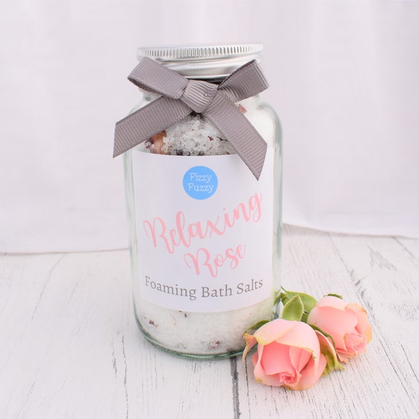 Relaxing Rose Luxury Foaming Bath Salts. Handmade by Fizzy Fuzzy in the UK. Plastic Free. Vegan.