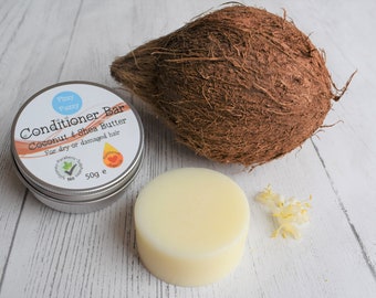 Solid Conditioner Bar in tin. Coconut & Shea Butter. For dry or damaged hair. Sulphate,Paraben,Plastic Free. Vegan. With Argan Oil.