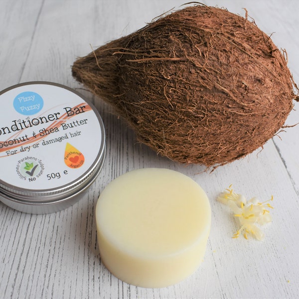 Solid Conditioner Bar in tin. Coconut & Shea Butter. For dry or damaged hair. Sulphate,Paraben,Plastic Free. Vegan. With Argan Oil.