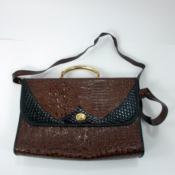 Sac à Main Vintage En Cuir Reptile Marron - Lanière Métal - Occasion Très Bon état