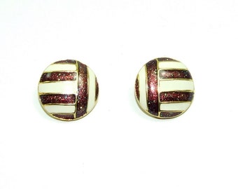 Vintage enamel earrings white brown lines vintage clip on earrings coffee brown white gold tone U006