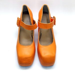 EU 42/43 US 11.5 Plateau Schuhe Vintage Orange Groovy Schuhe 90er Retro 70er Mary Jane Sandalen Italienische Disko plus Size Blockabsatz Schuhe Bild 3