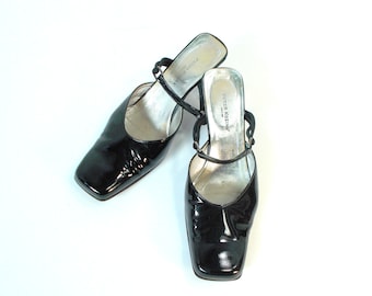 EU 40 US 8 Black vintage patent leather sandals Genuine leather closed toe shoes PEKO Slovenia Slingback leather sandals Court heel