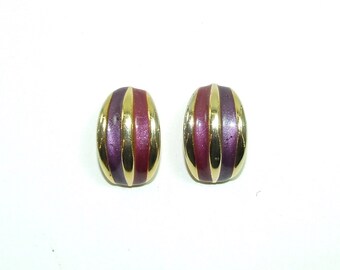 Vintage enamel earrings purple rose gold lines vintage clip on earrings purple gold tone U007