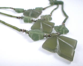 Carved Jade necklace Vintage handmade necklace Hand carved green jade flower necklace multilayer necklace vintage boho three layers jade
