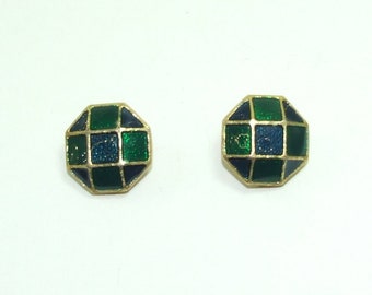 Vintage enamel earrings blue green gold celtic knot vintage clip on earrings green blue gold tone U004
