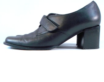 Mary Jane vintage de piel negra con tacón de bloque cerrado hasta el tobillo - EU 41 RU 7 EE. UU. 9